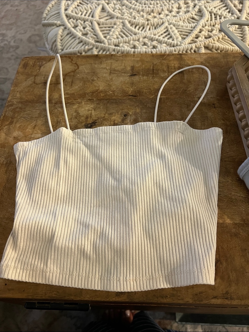 Women’s Cream Ribbed Spaghetti-Strap Crop Top
